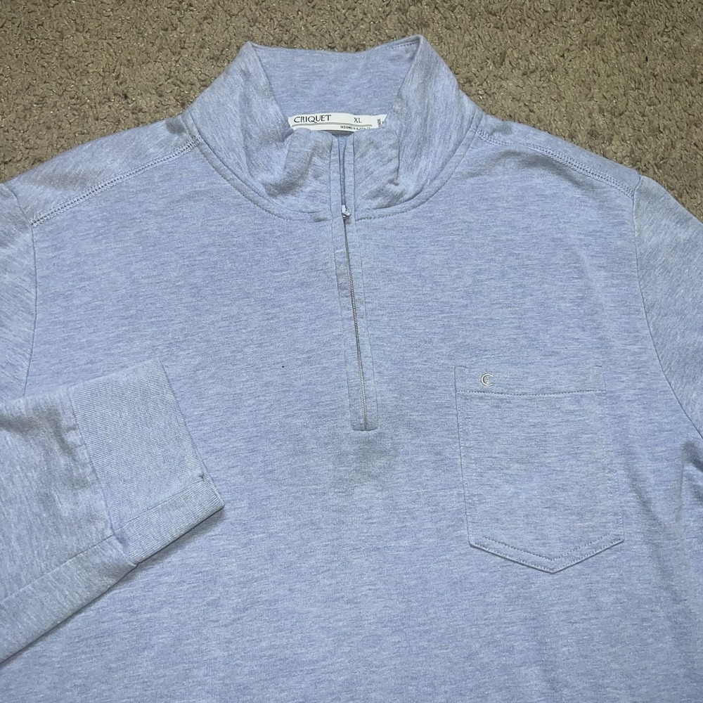 Criquet Men's XL 1/4 Zip Performance Pullover Light Blue Pocket Organic Cotton